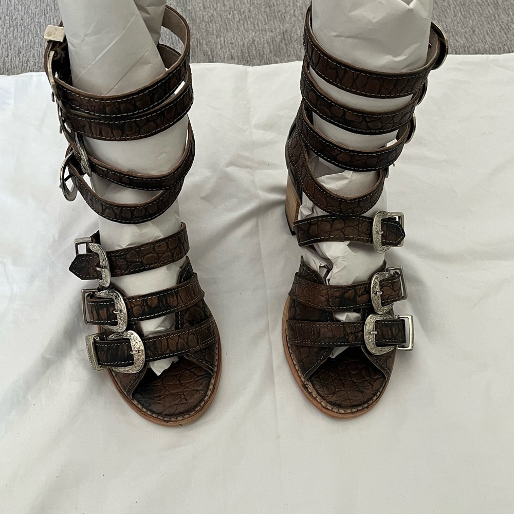 freebird Brown Strappy Buckle Heeled Gladiator Boots